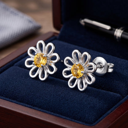 Yellow Crystal Daisy Stud Earrings in Silver