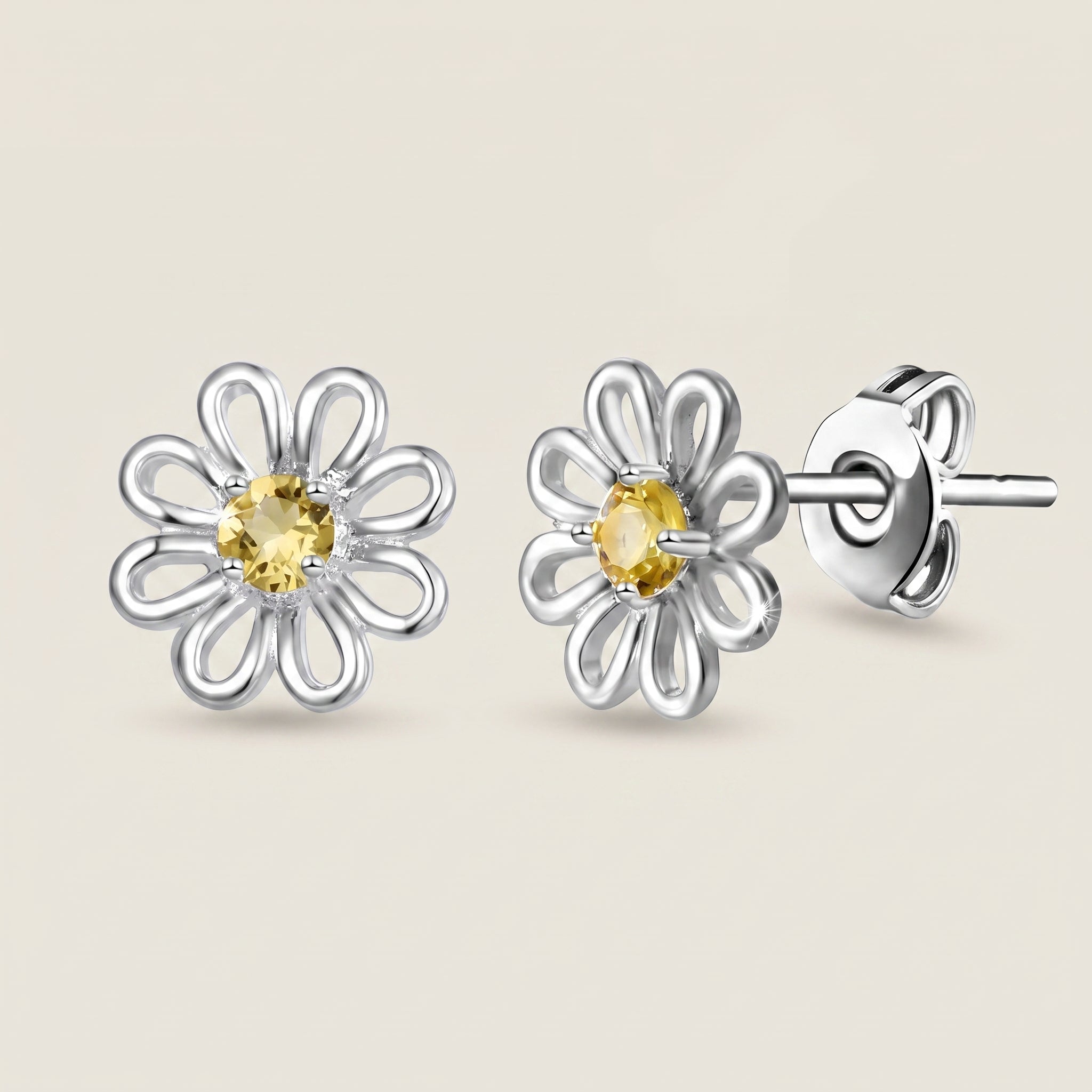 Yellow Crystal Daisy Stud Earrings in Silver