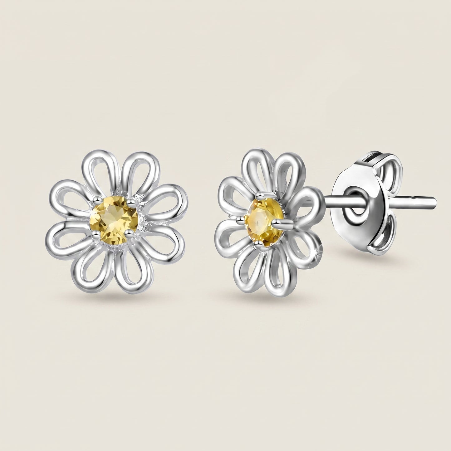 Yellow Crystal Daisy Stud Earrings in Silver