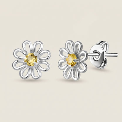 Yellow Crystal Daisy Stud Earrings in Silver