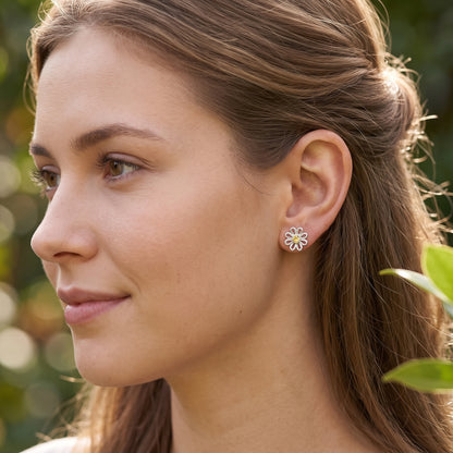 Yellow Crystal Daisy Stud Earrings in Silver