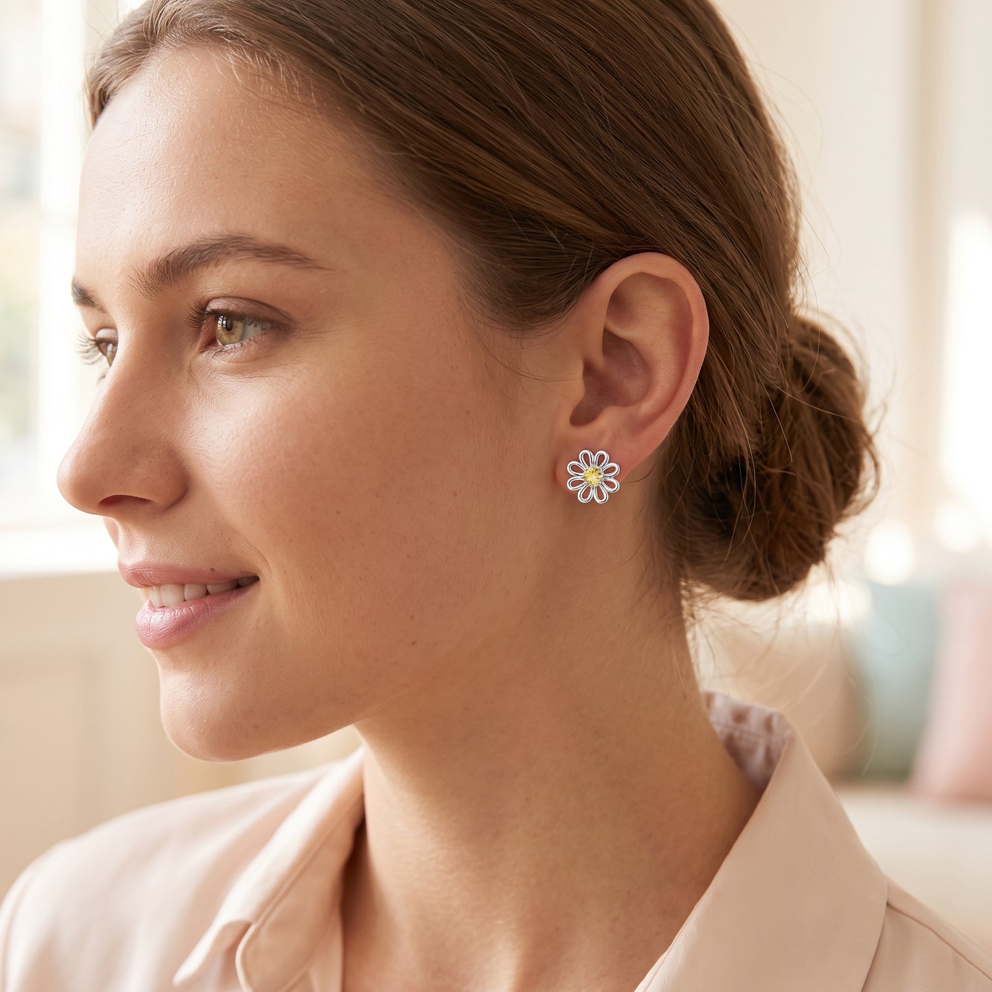Yellow Crystal Daisy Stud Earrings in Silver