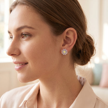 Yellow Crystal Daisy Stud Earrings in Silver