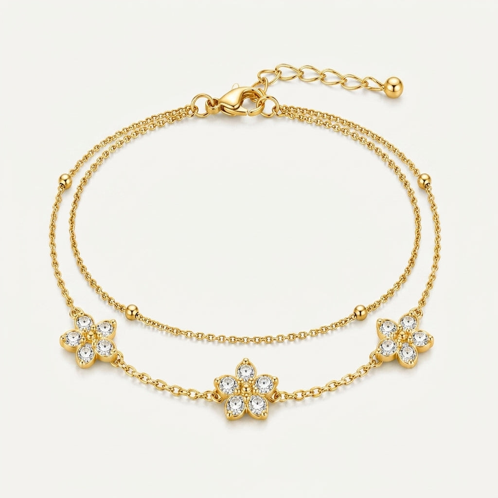 14K Gold Plated Double Layer CZ Clover Bracelet - Gold