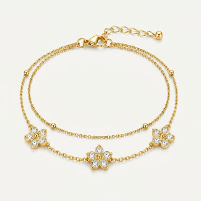 14K Gold Plated Double Layer CZ Clover Bracelet - Gold