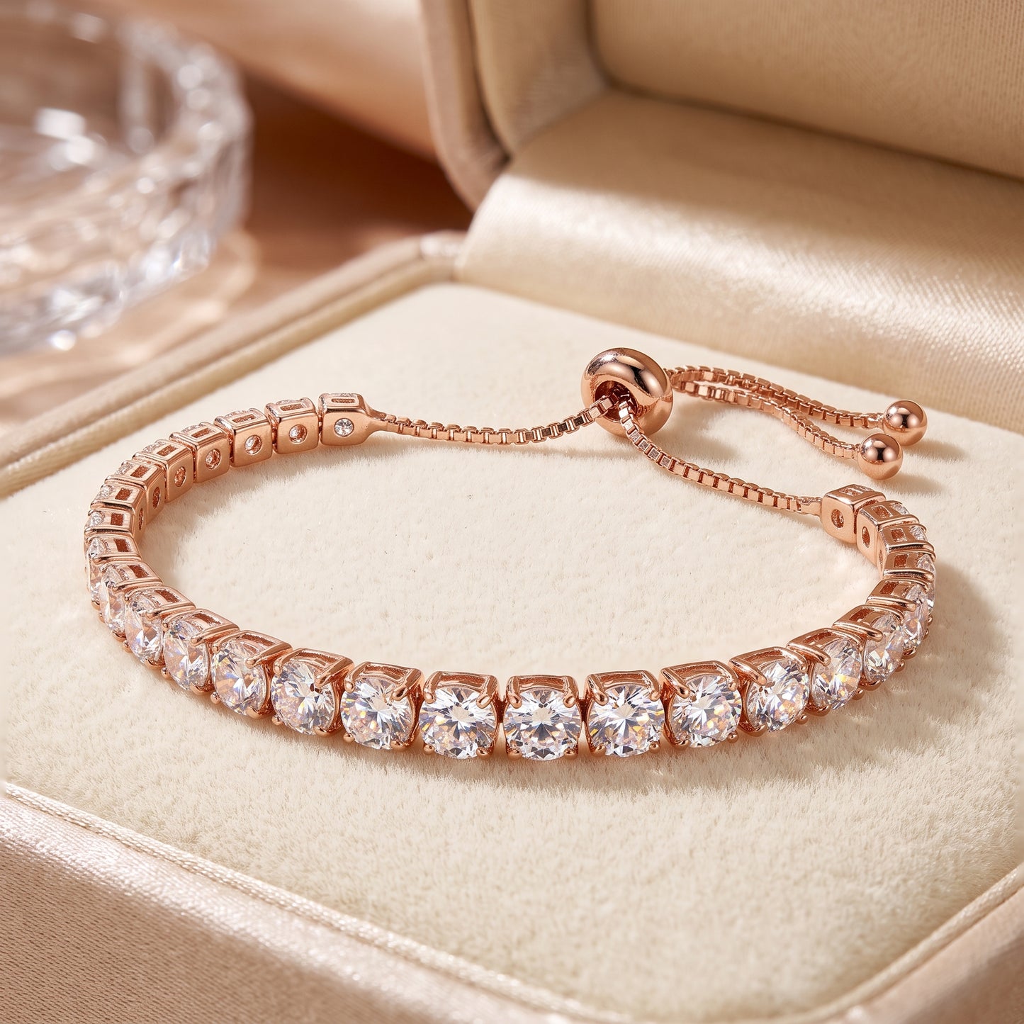 925 Sterling Silver Plated Tennis Bracelet with White Cubic Zirconia - Rose Gold