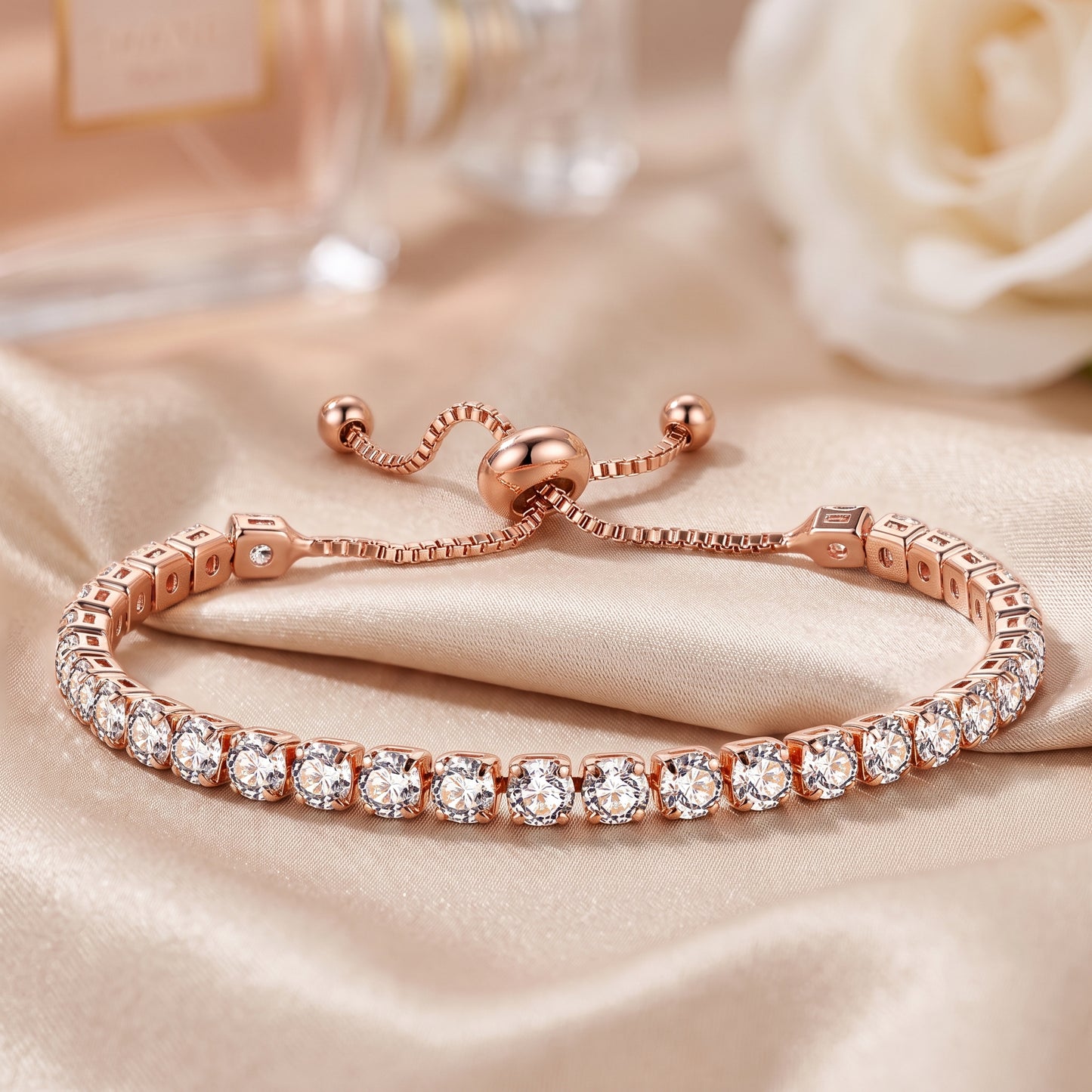 925 Sterling Silver Plated Tennis Bracelet with White Cubic Zirconia - Rose Gold