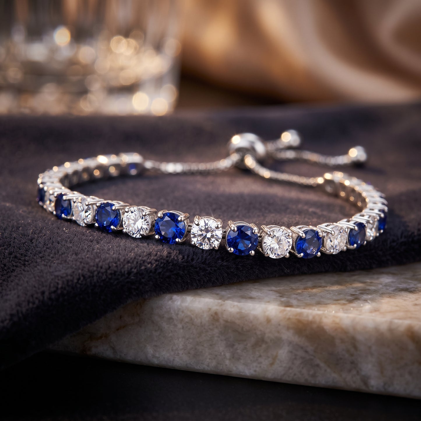 Sterling Silver Tennis Bracelet with Blue and White Cubic Zirconia