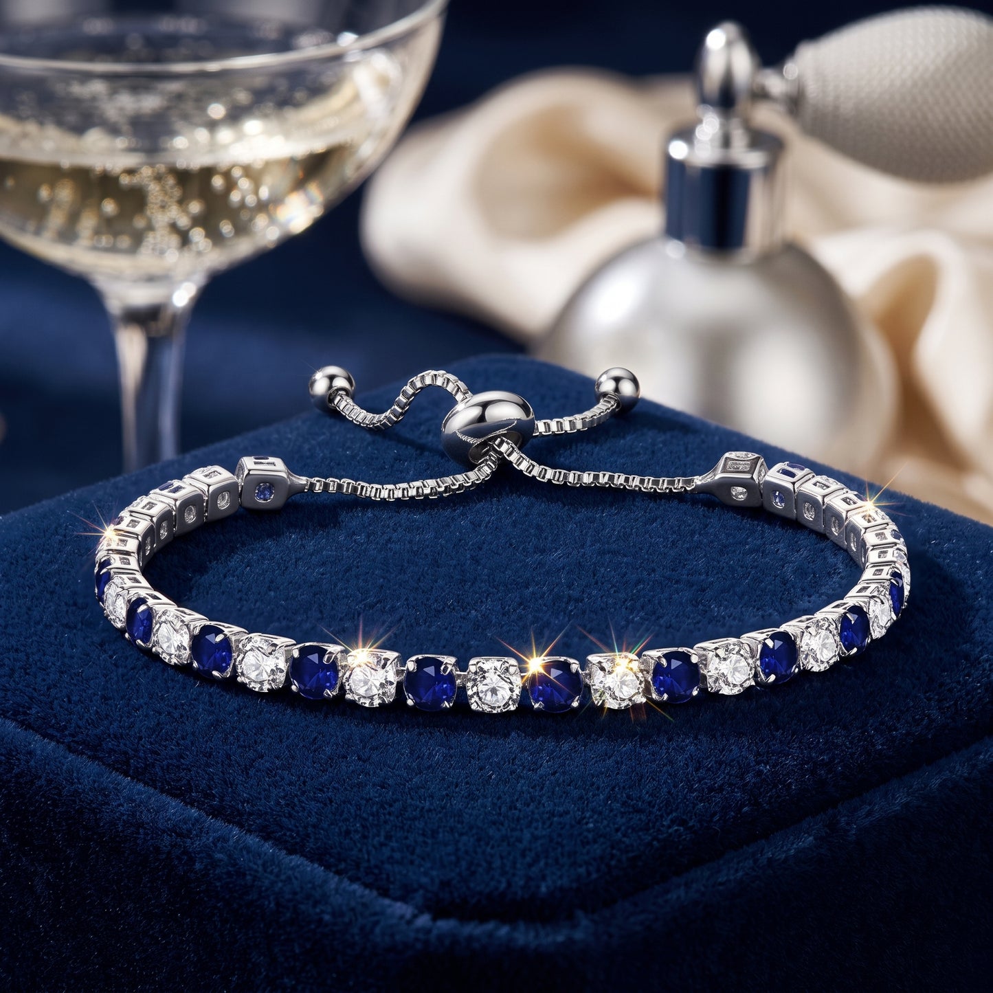 Sterling Silver Tennis Bracelet with Blue and White Cubic Zirconia