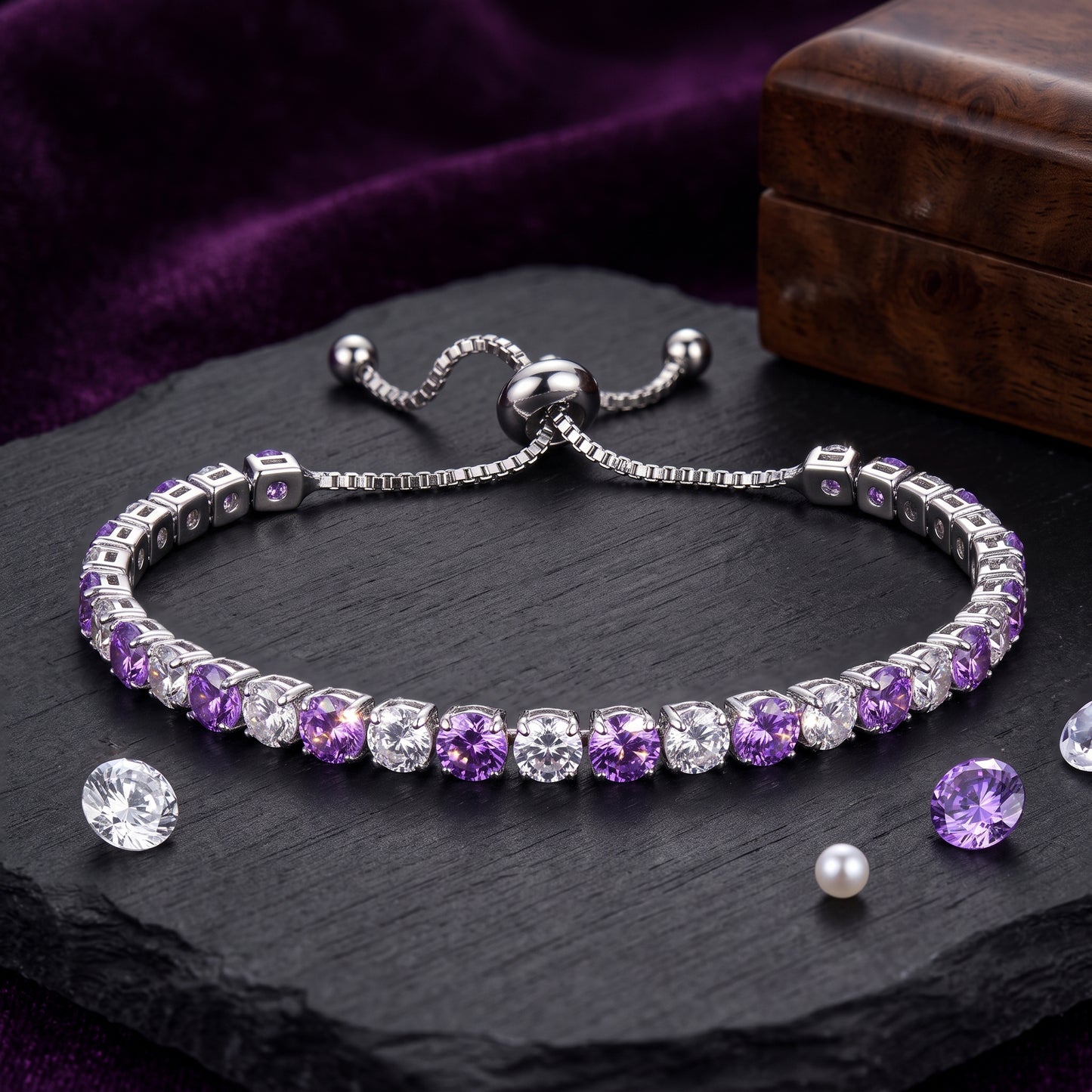 925 Sterling Silver Plated Tennis Bracelet with Purple and White Cubic Zirconia - Silver