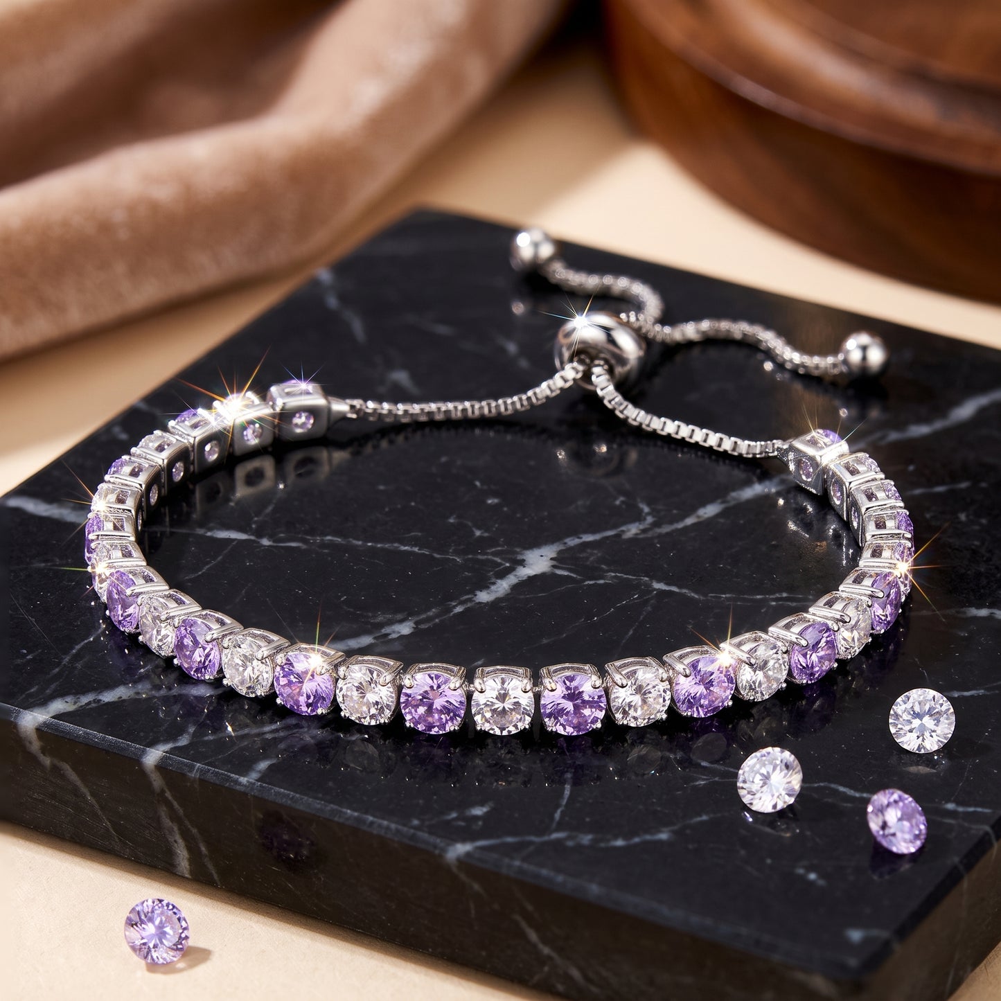 925 Sterling Silver Plated Tennis Bracelet with Purple and White Cubic Zirconia - Silver