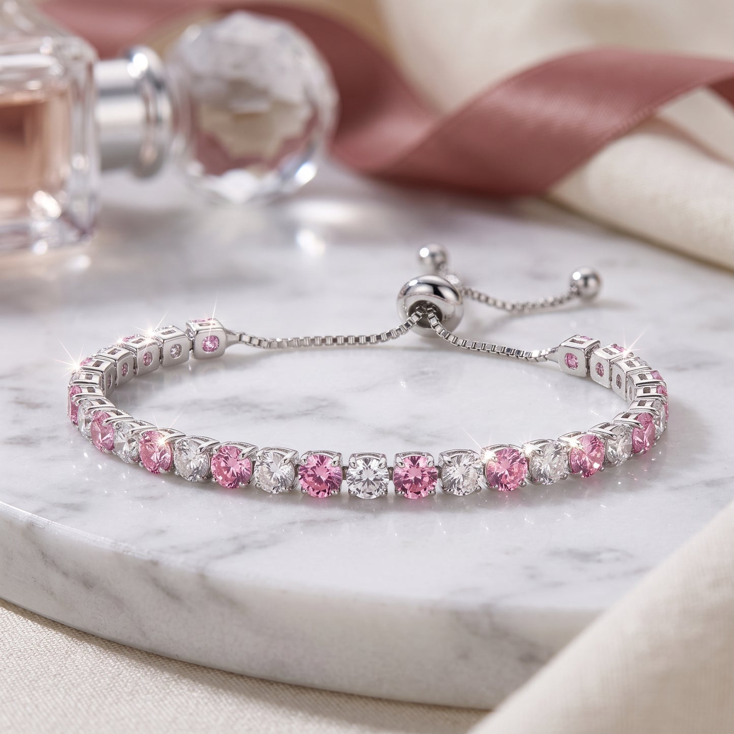 925 Sterling Silver Plated Tennis Bracelet with Pink and White Cubic Zirconia - Silver