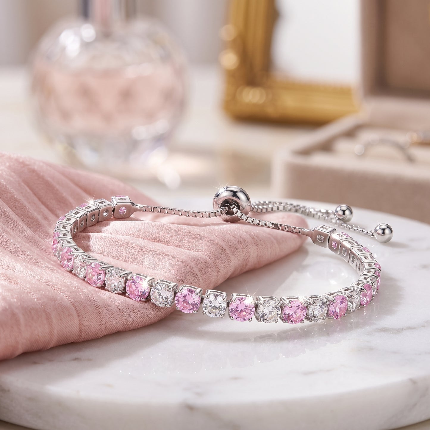 925 Sterling Silver Plated Tennis Bracelet with Pink and White Cubic Zirconia - Silver