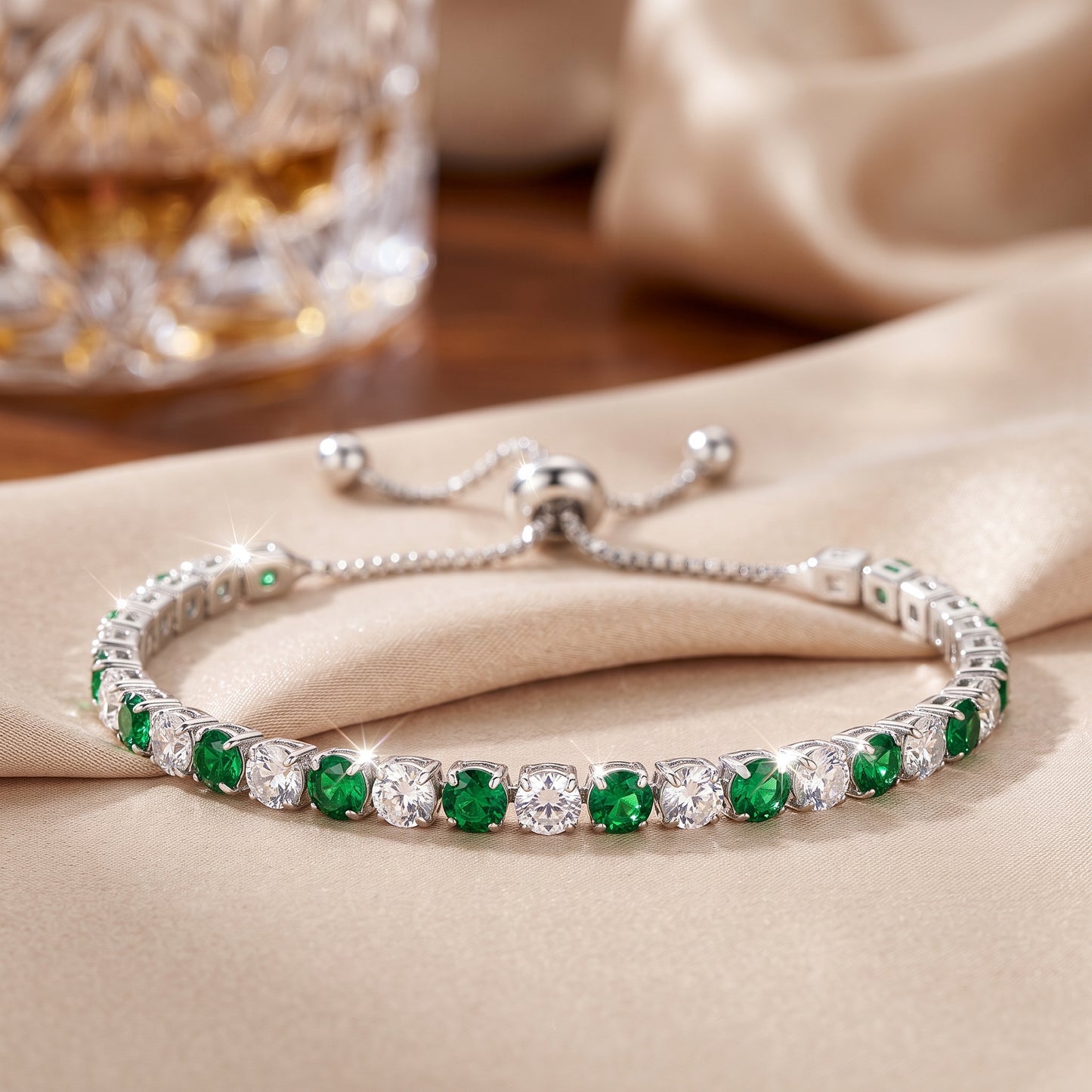925 Sterling Silver Plated Tennis Bracelet with Green and White Cubic Zirconia - Silver