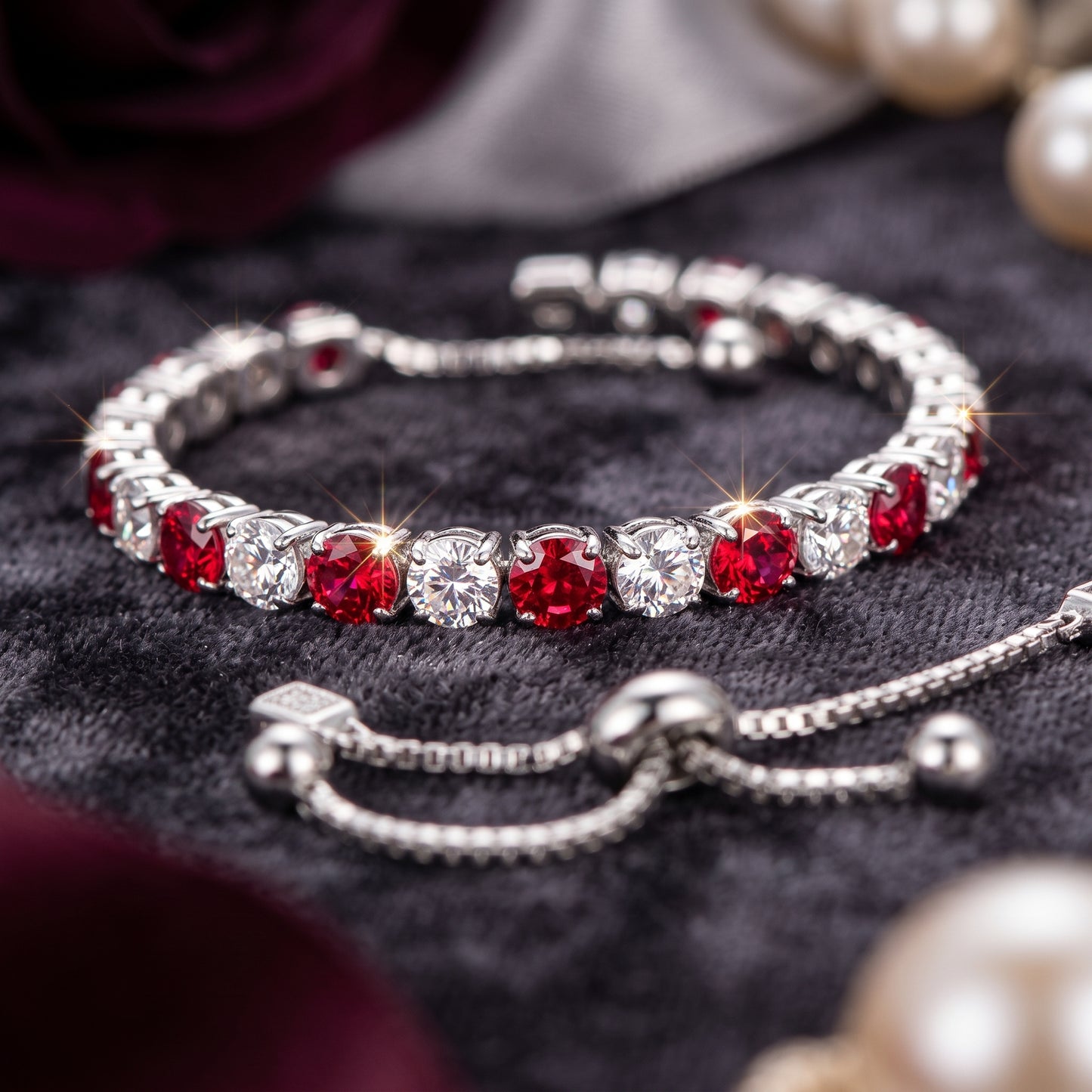 925 Sterling Silver Plated Tennis Bracelet with Red and White Cubic Zirconia - Silver