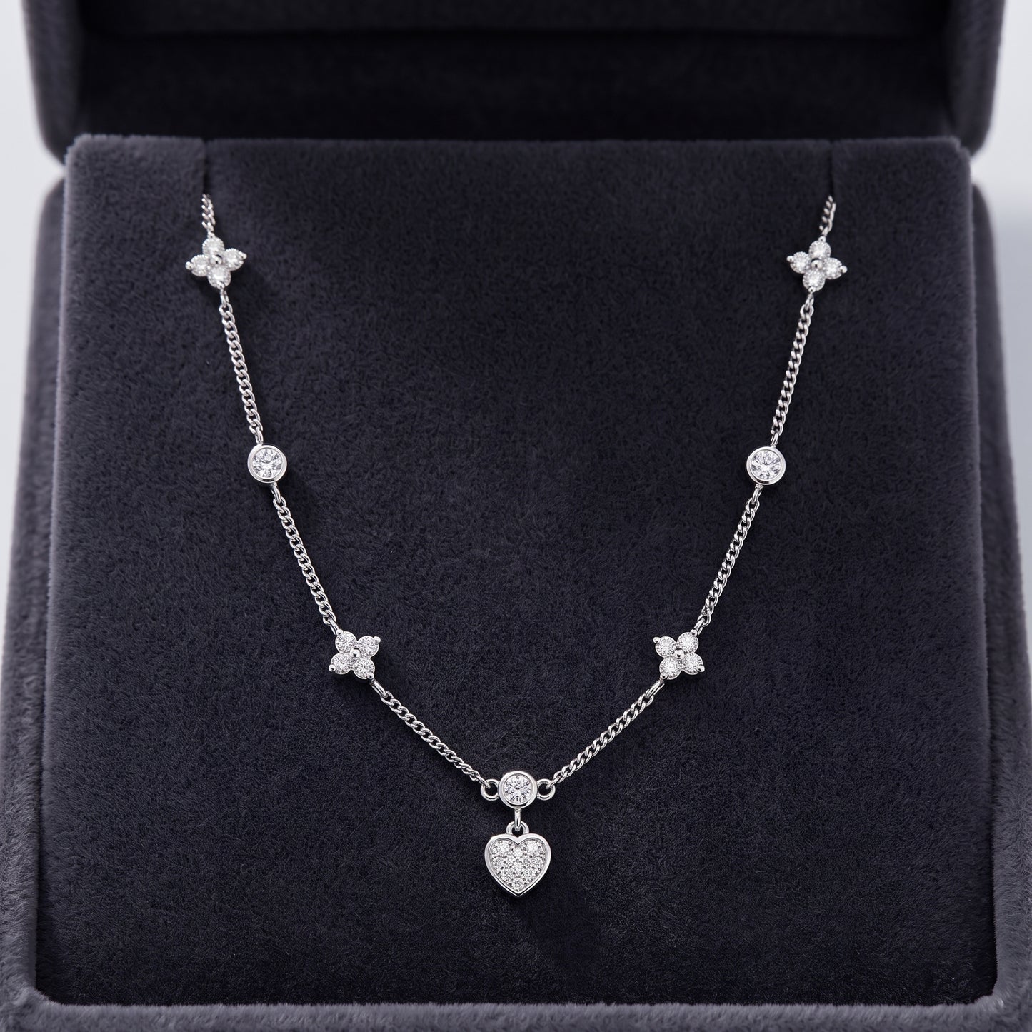 Silver Plated Heart and Four Leaf Clover Necklace with 5A Cubic Zirconia - Silver