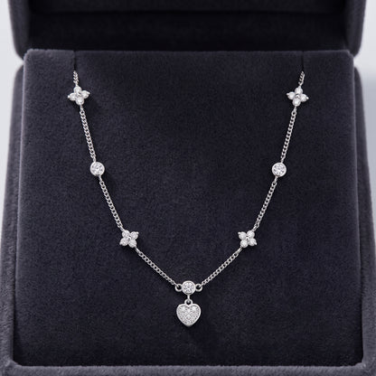 Silver Plated Heart and Four Leaf Clover Necklace with 5A Cubic Zirconia - Silver