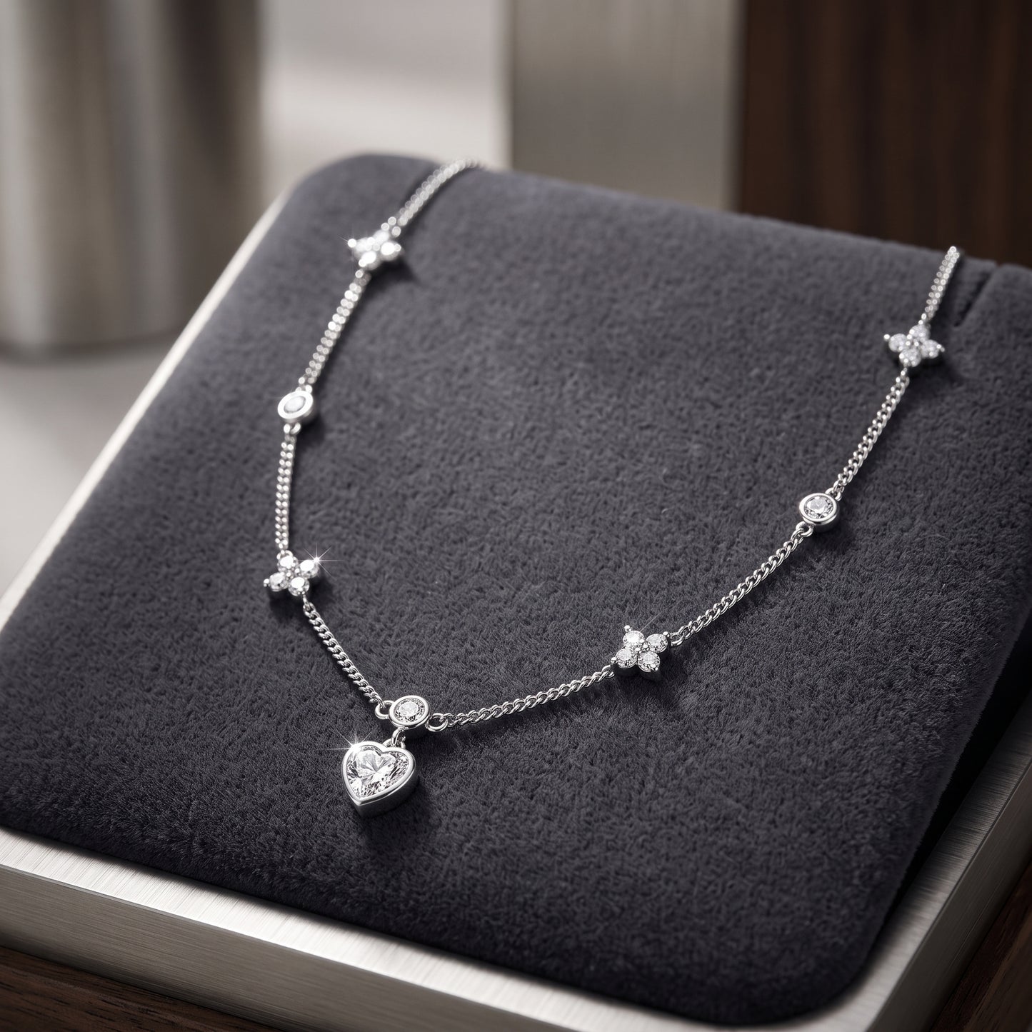 Silver Plated Heart and Four Leaf Clover Necklace with 5A Cubic Zirconia - Silver