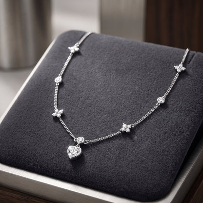 Silver Plated Heart and Four Leaf Clover Necklace with 5A Cubic Zirconia - Silver