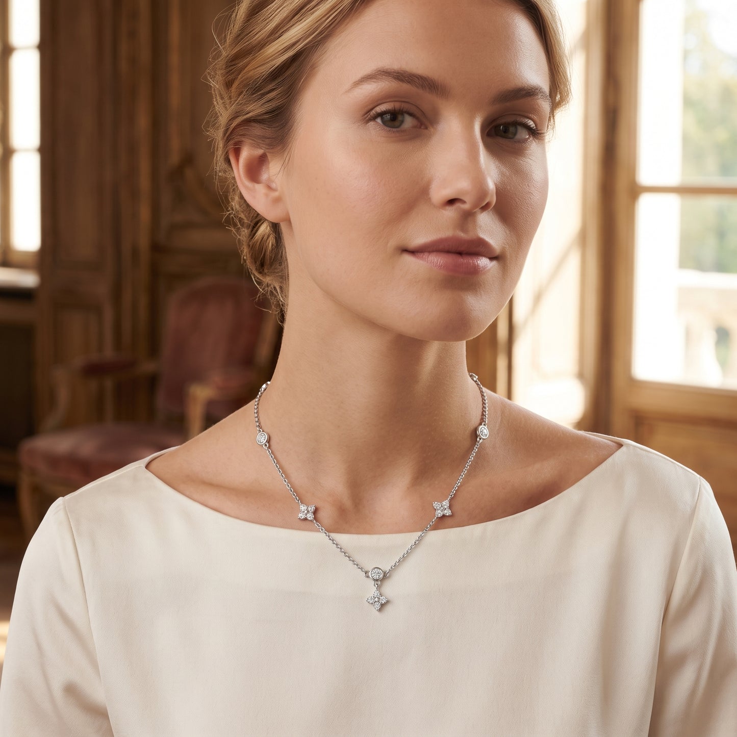 Silver Plated Four Leaf Clover and Heart Necklace with 5A Cubic Zirconia - Silver
