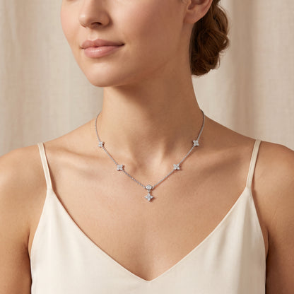 Silver Plated Four Leaf Clover and Heart Necklace with 5A Cubic Zirconia - Silver