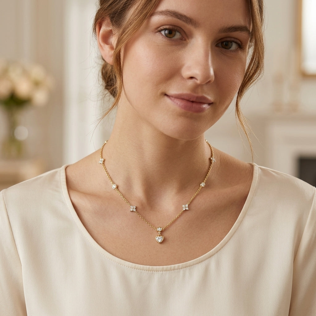14K Gold Plated Heart and Four Leaf Clover Necklace with 5A Cubic Zirconia - Gold