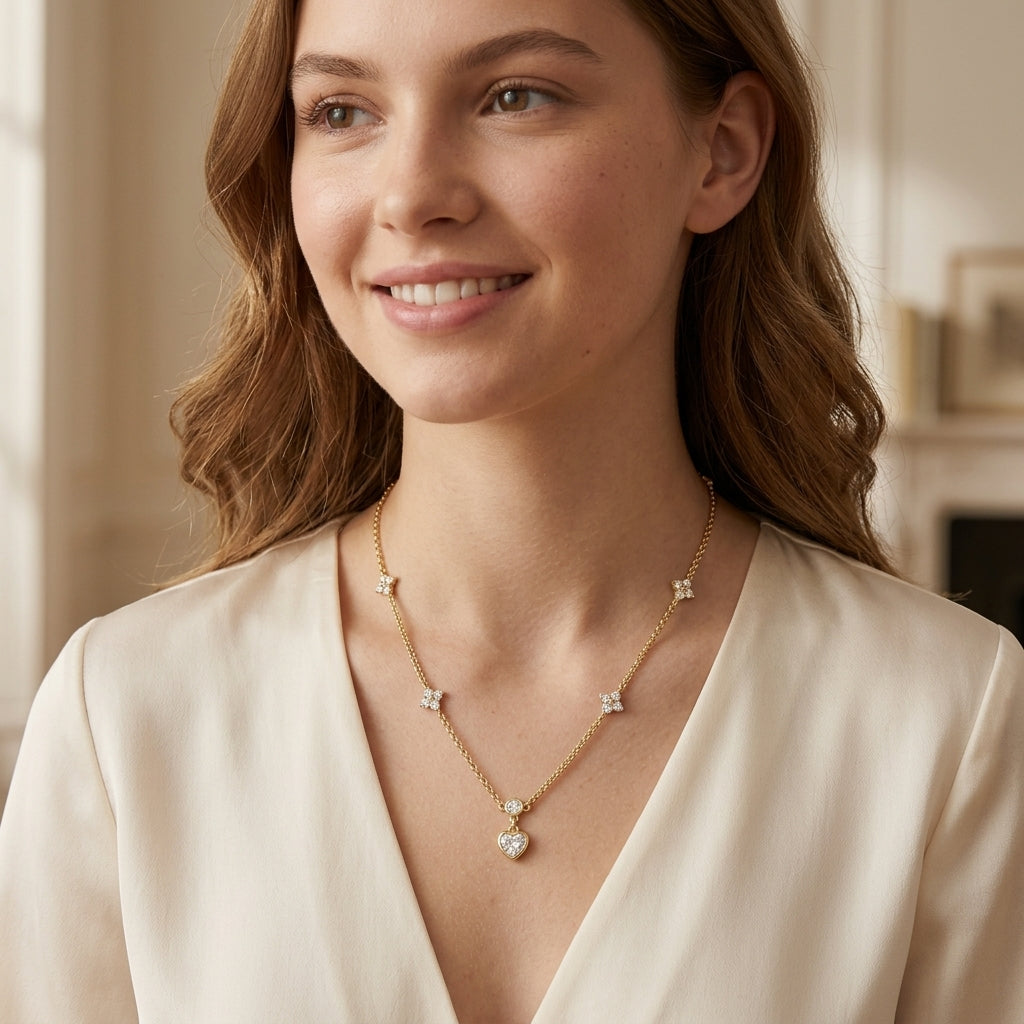 14K Gold Plated Heart and Four Leaf Clover Necklace with 5A Cubic Zirconia - Gold