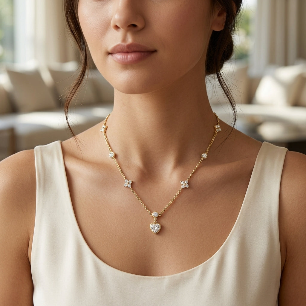 14K Gold Plated Heart and Four Leaf Clover Necklace with 5A Cubic Zirconia - Gold
