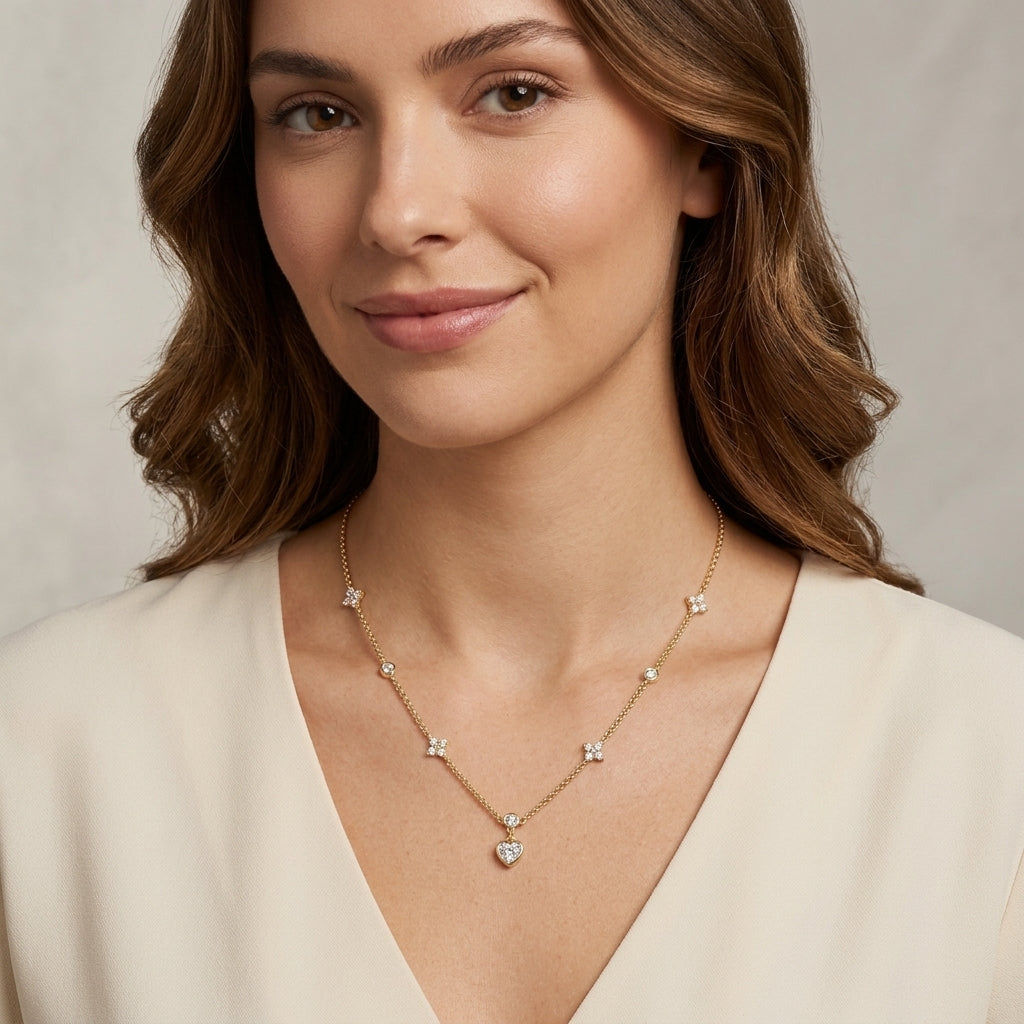 14K Gold Plated Heart and Four Leaf Clover Necklace with 5A Cubic Zirconia - Gold