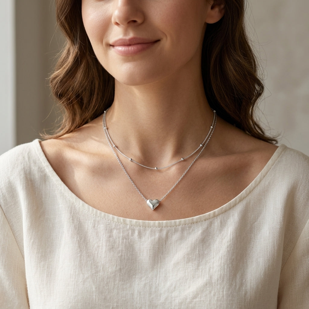 925 Sterling Silver Double Layer Heart Pendant Necklace - Silver
