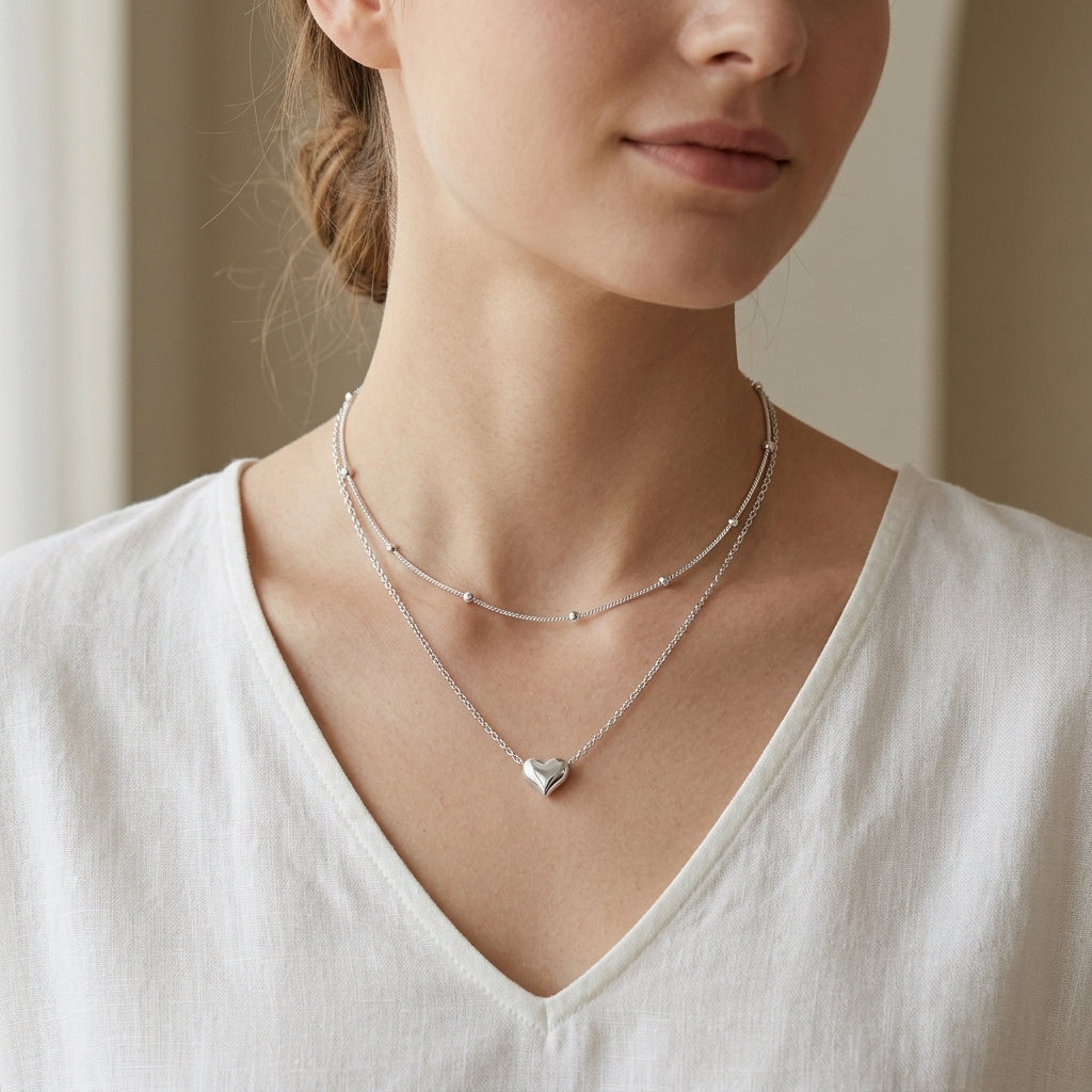 925 Sterling Silver Double Layer Heart Pendant Necklace - Silver