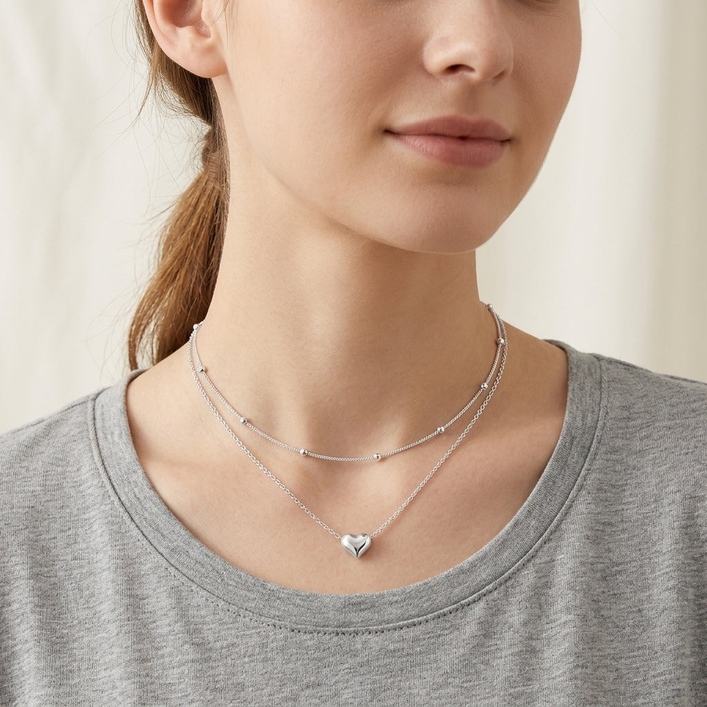 925 Sterling Silver Double Layer Heart Pendant Necklace - Silver