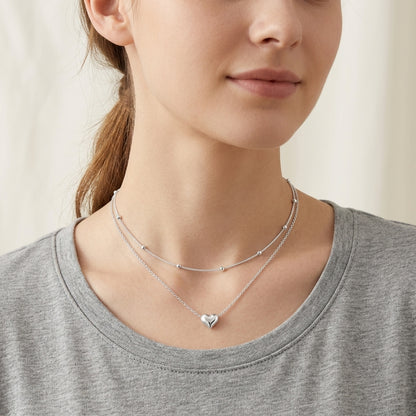 925 Sterling Silver Double Layer Heart Pendant Necklace - Silver