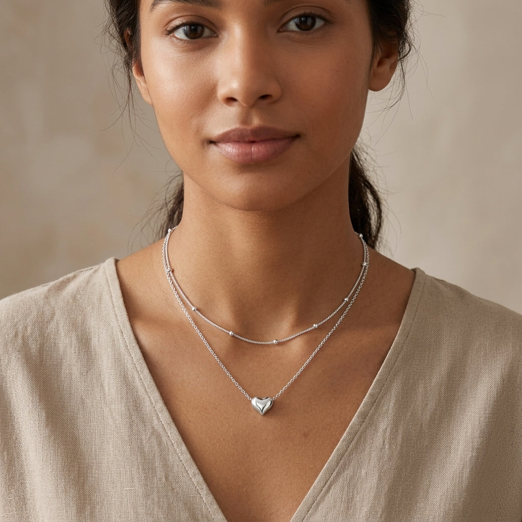 925 Sterling Silver Double Layer Heart Pendant Necklace - Silver