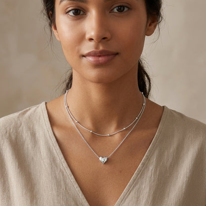 925 Sterling Silver Double Layer Heart Pendant Necklace - Silver