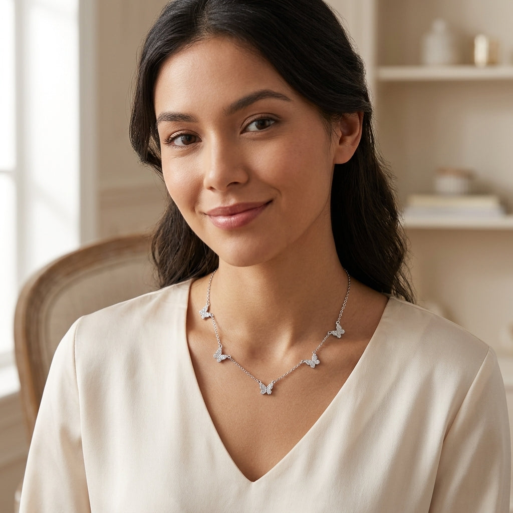 925 Sterling Silver Butterfly Necklace with Cubic Zirconia - Silver