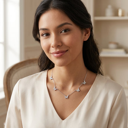 925 Sterling Silver Butterfly Necklace with Cubic Zirconia - Silver