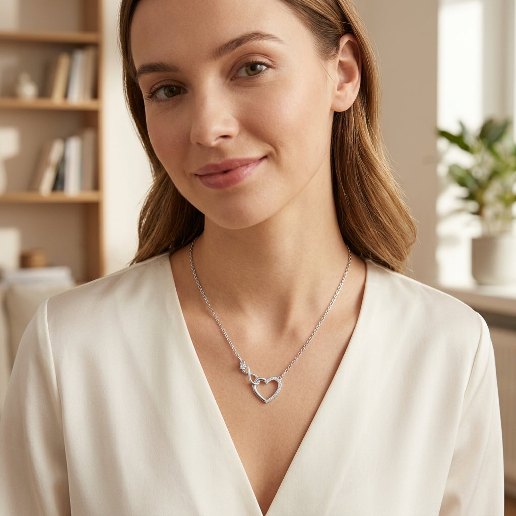 925 Sterling Silver Infinity Heart Necklace with Cubic Zirconia - Silver