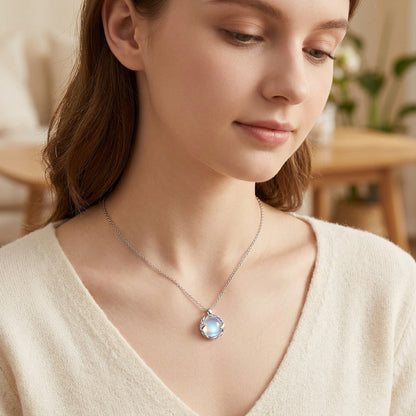 Handmade Blue Moonstone Circle Pendant Necklace - Silver