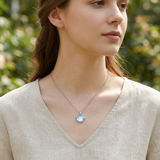 Handmade Blue Moonstone Circle Pendant Necklace - Silver