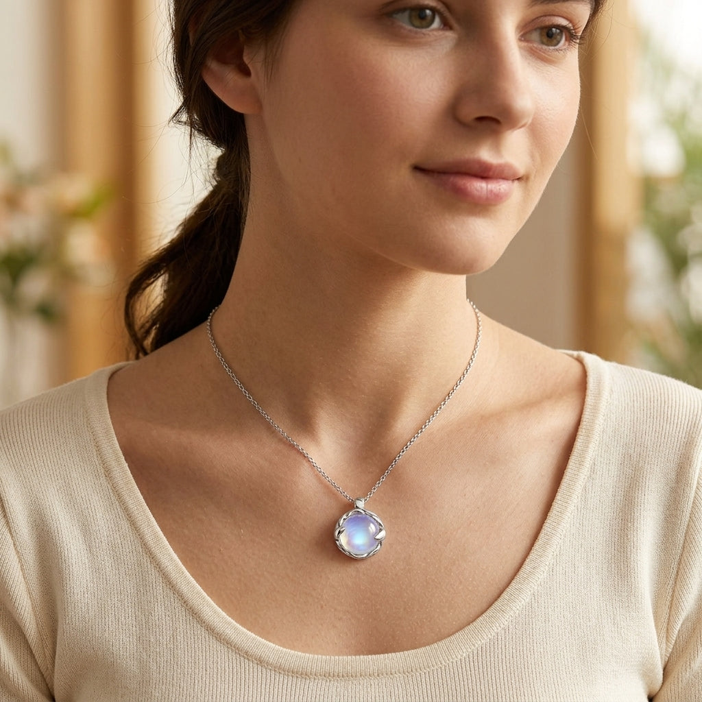 Handmade Blue Moonstone Circle Pendant Necklace - Silver