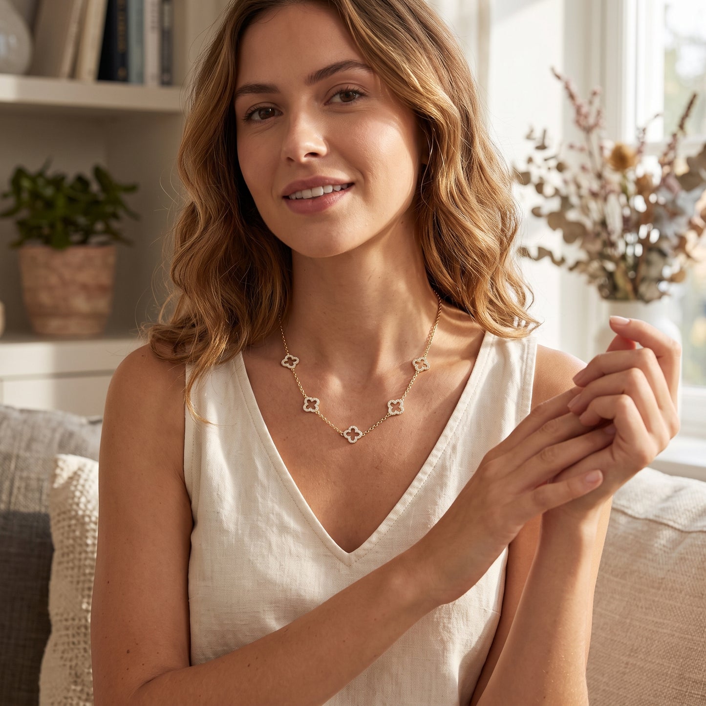 Gold Plated Multi Clover Necklace with Zircondia Crystals