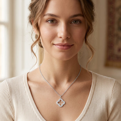 Silver Plated Clover Pendant Necklace with Zircondia Crystals