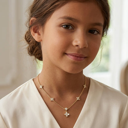 14K Gold Plated Four Leaf Clover and Heart Necklace with 5A Cubic Zirconia - Gold