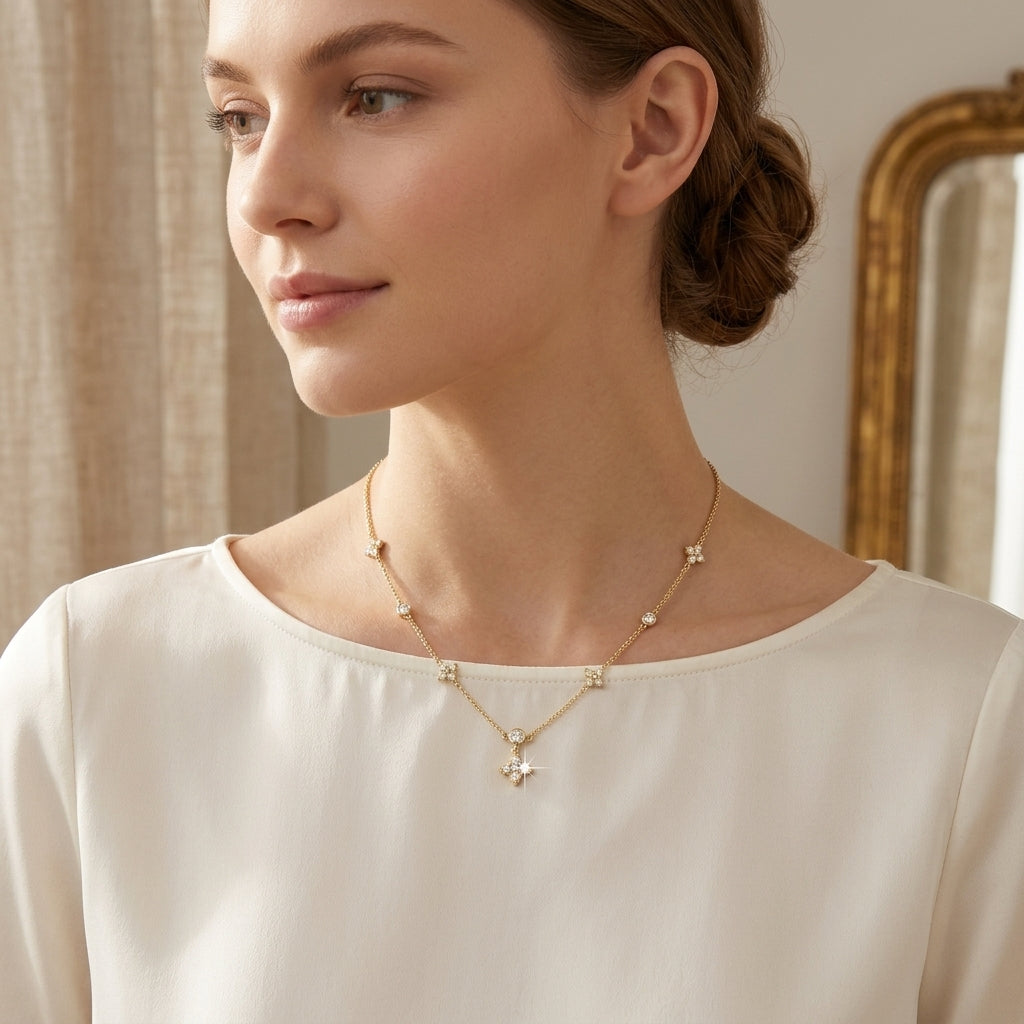 14K Gold Plated Four Leaf Clover and Heart Necklace with 5A Cubic Zirconia - Gold