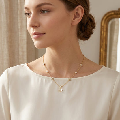 14K Gold Plated Four Leaf Clover and Heart Necklace with 5A Cubic Zirconia - Gold
