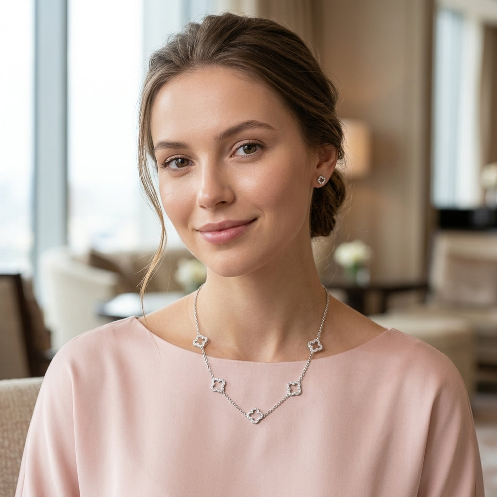 Silver Plated Multi Clover Necklace with Zircondia Crystals