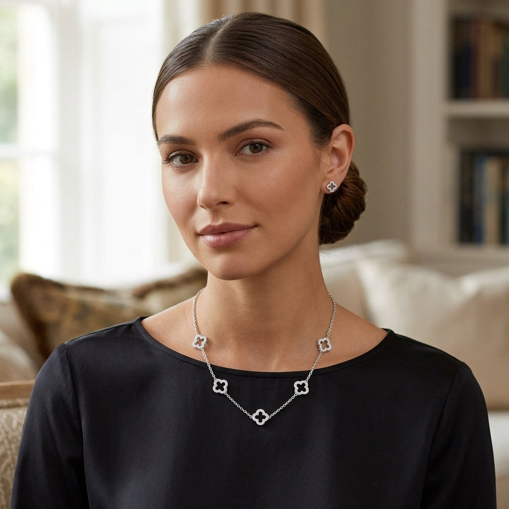 Silver Plated Multi Clover Necklace with Zircondia Crystals