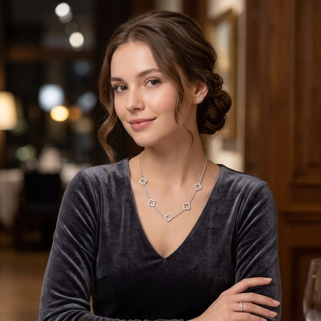 Silver Plated Multi Clover Necklace with Zircondia Crystals