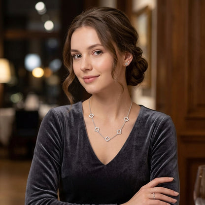 Silver Plated Multi Clover Necklace with Zircondia Crystals